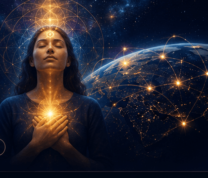 A serene figure with closed eyes radiating golden prayer light into a cosmic global prayer network