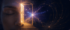 A calm face with closed eyes beside a glowing inner doorway